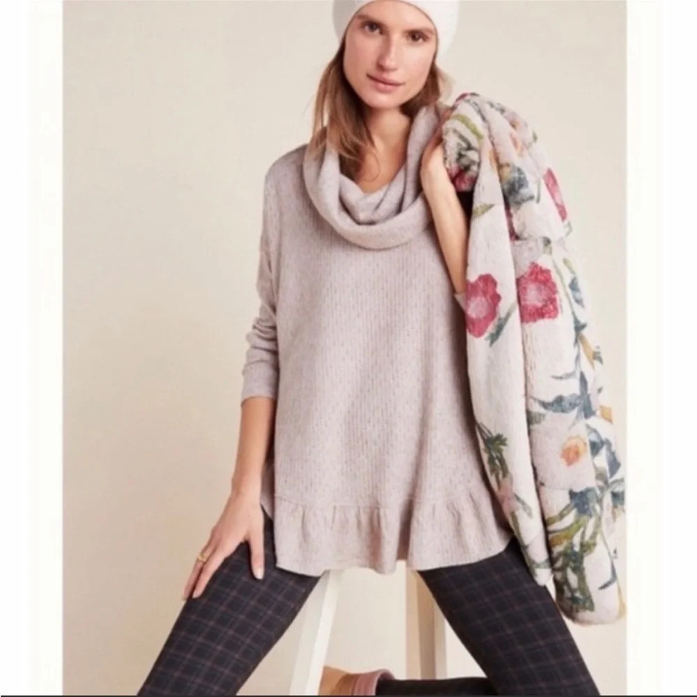 Anthropologie Maeve Addie Ruffled Hacci Pullover Pink Knit Sweater‎ Cowl Neck XS